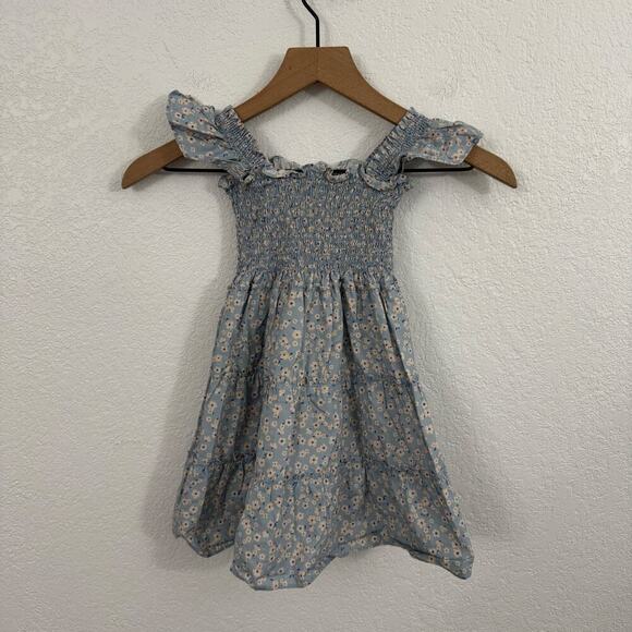Quince Toddler Floral Ruffle Cotton Poplin Smocked Dress Blue Ditsy Daisy 3T - Picture 2 of 8